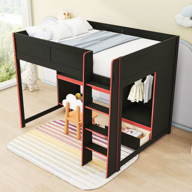 Lit mezzanine multifonctionnel avec bureau, garde-robe, tiroir et éclairage DEL, Double