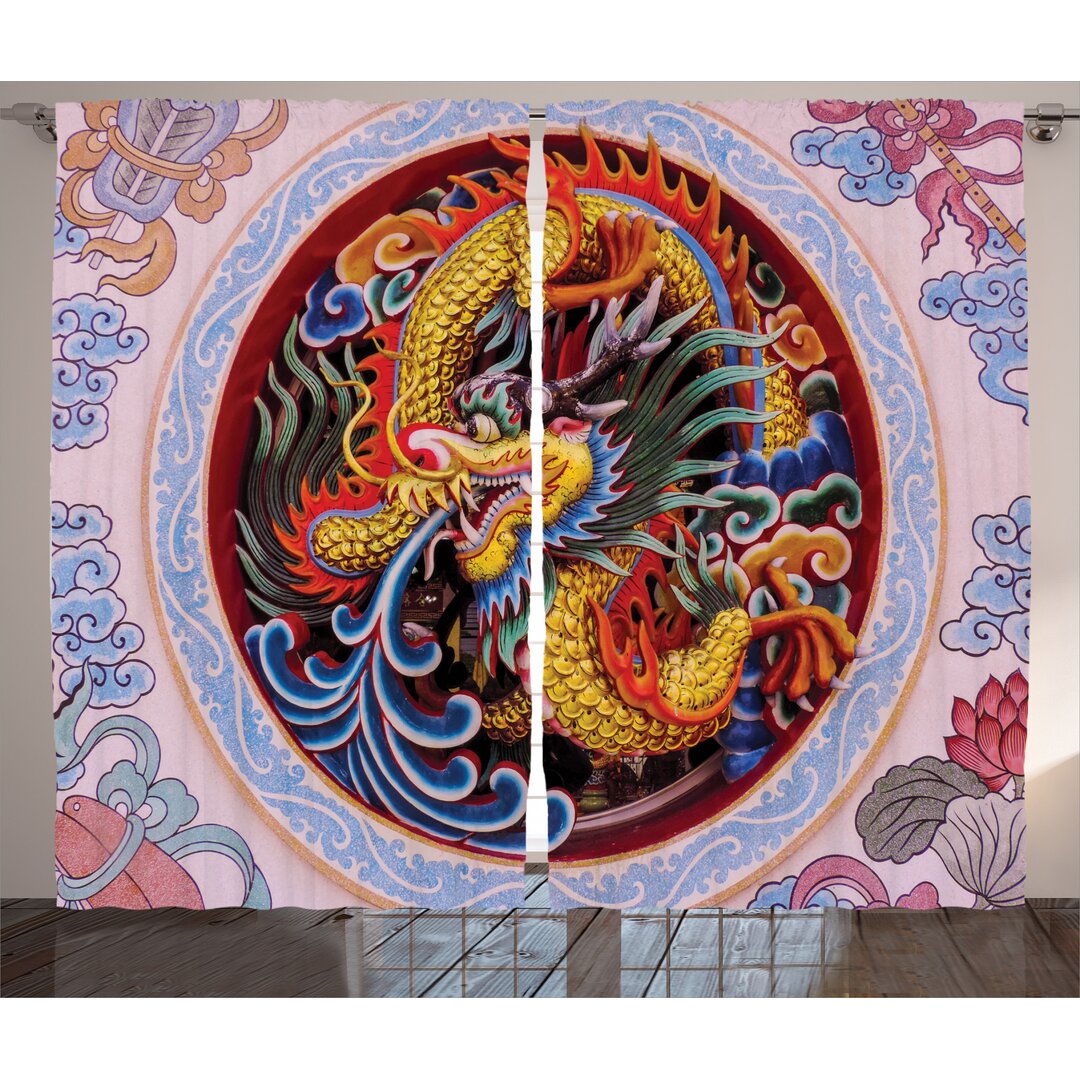 Rustikaler Vorhang, Chinesischer Drache Mythische, Blume, Gelb / Blau