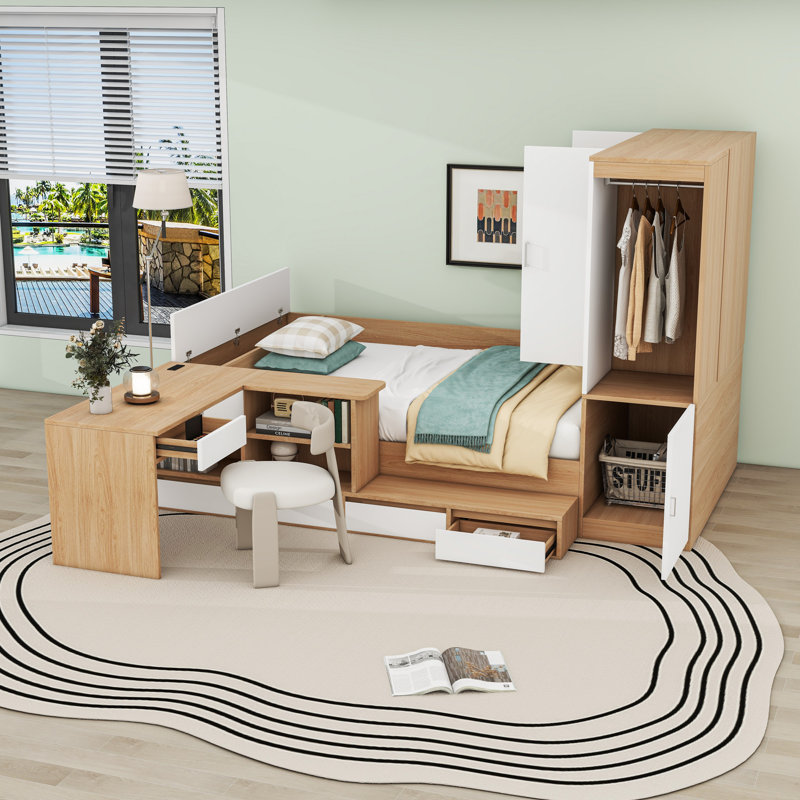 Lit plateforme double avec tiroirs, tablettes, bureau et garde-robe, Naturel