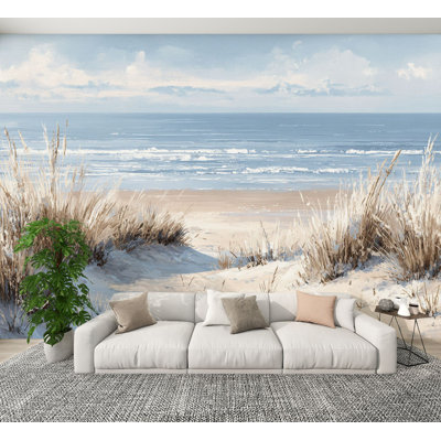 Coastal Peel and Stick Wallpaper Tranquil Coastal Scene Pastel Dunes Calm Ocean Breeze Wall Murals 100"H x 144"W Removable Relaxing Seascape Wall Paper Self-Adhesive Wall Decor for Bedroom Living Room Home Office