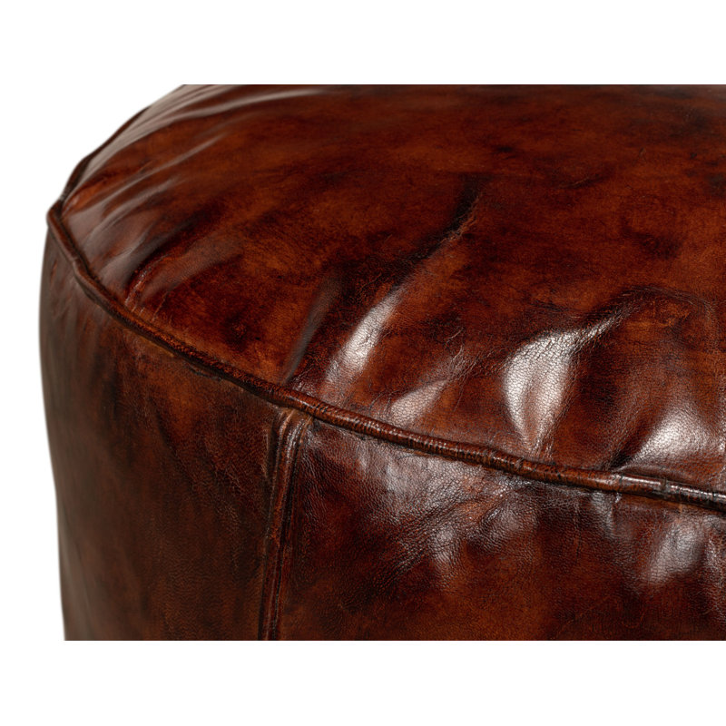 Round Pouf, Brown Genuine Leather