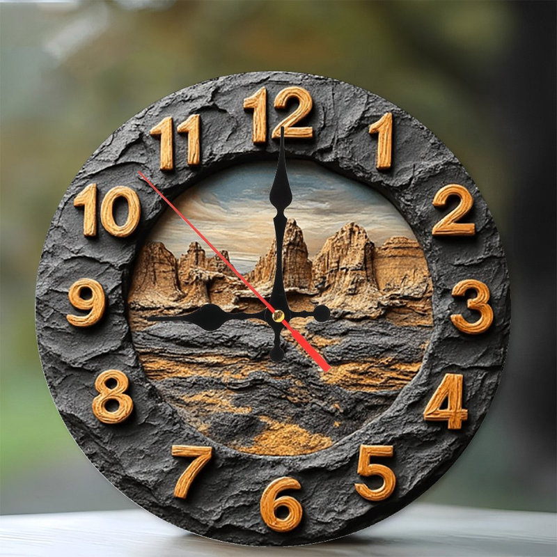 Stone Wall Clock Desert Landscape Mountain Scene