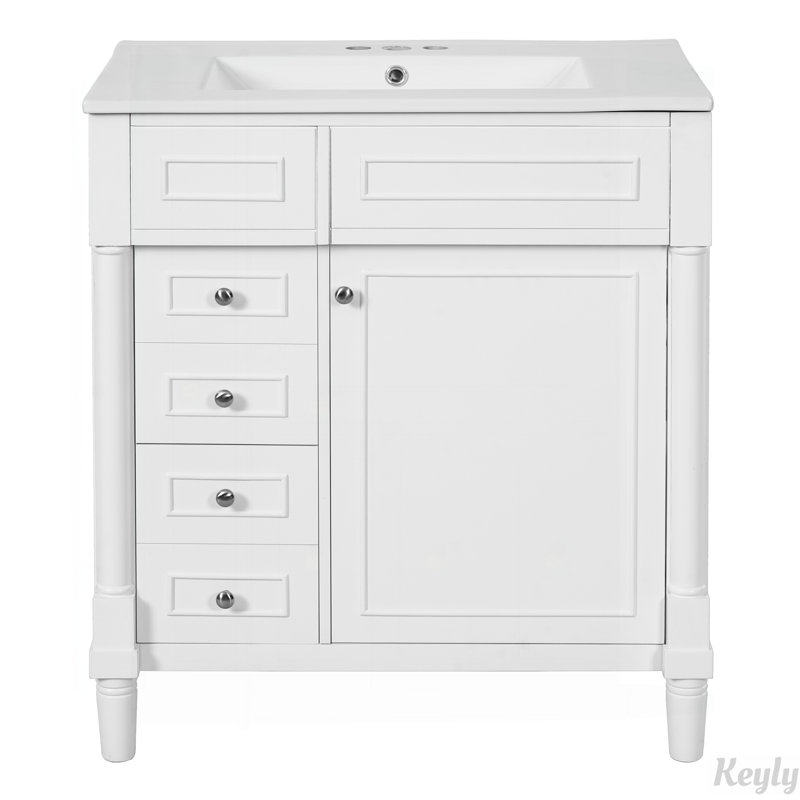 Meuble-lavabo 30 po avec lavabo, 2 tiroirs et porte à fermeture douce, Argent argent, Blanc