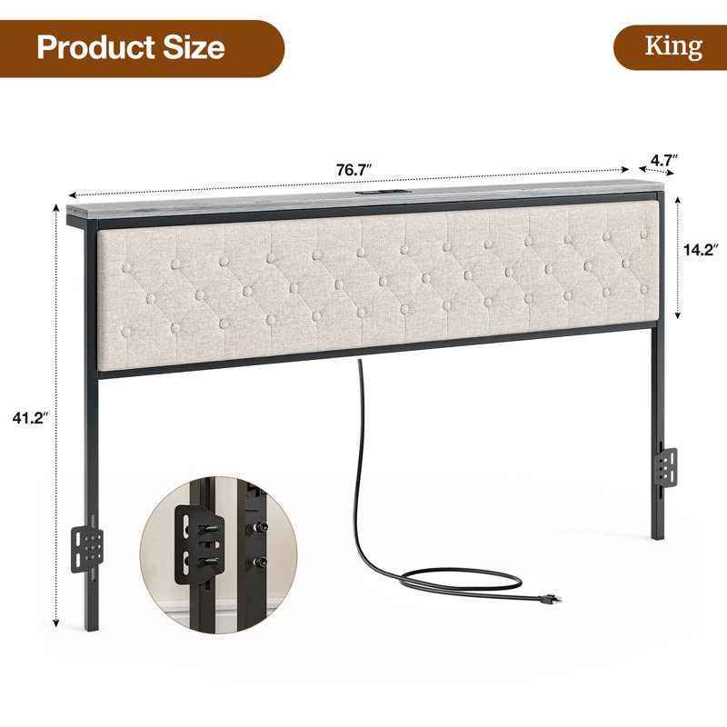 Headboard With Storage And Charging Station, Upholstered Storage Headboard Only With Bed Frame Brackets Adapter, Button Tufted Design, Easy Assembly