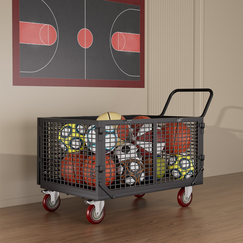 Rolling Sports Ball Storage Cart, Lockable Heavy Duty Steel Organizer with Fine Mesh, Stage Gear Carrier for Gym, School, Garage & Outdoor, 38.6"W x 25"D x 34.3"H