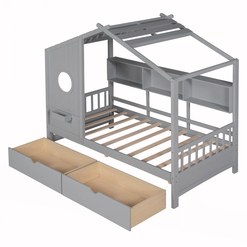 Lit simple en bois avec 2 tiroirs, gris, Lit simple