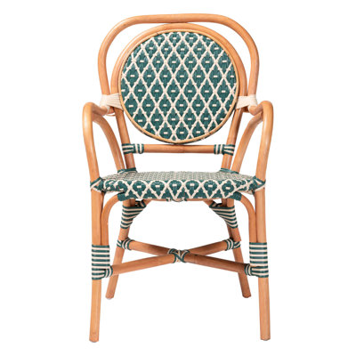 bali & pari Mattie Rattan Bistro Chair - Handwoven Cafe-Style Dining Chair with Curved Arms for Kitchen or Indoor/Outdoor Lounge, Green