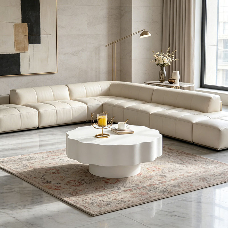 Table basse festonnée: forme unique à bord ondulé, pièce centrale élégante pour les espaces élégants., Blanc, crème