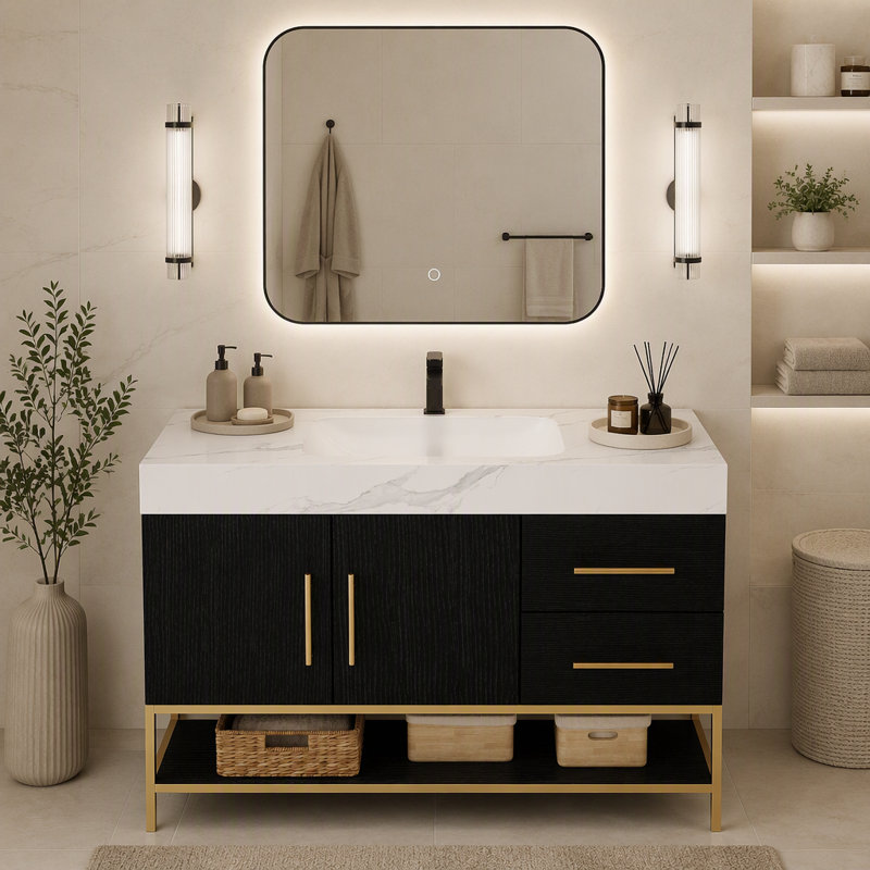 Meuble-lavabo autoportant moderne 36 po avec lavabo en céramique sans couture et plateau en pierre frittée