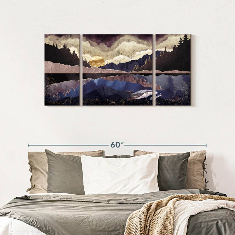 «Lake Lake Abstract Landscape», ensemble de 3 pièces sur toile par Jennifer T, H 24 po x l 51 po x P 1,25 po