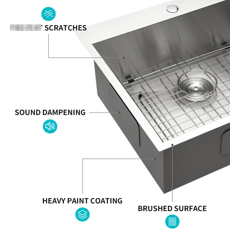 22X9 Inch Stainless Steel Kitchen Sink. Topmount With Surface And 3.5" Drain Openings For Efficient Drainage Hygiene 25" Single Bowl 304 Effective