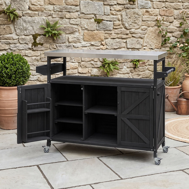 Îlot de cuisine extérieur avec chariot à roulettes avec tablettes de rangement et porte-épices, porte-serviettes