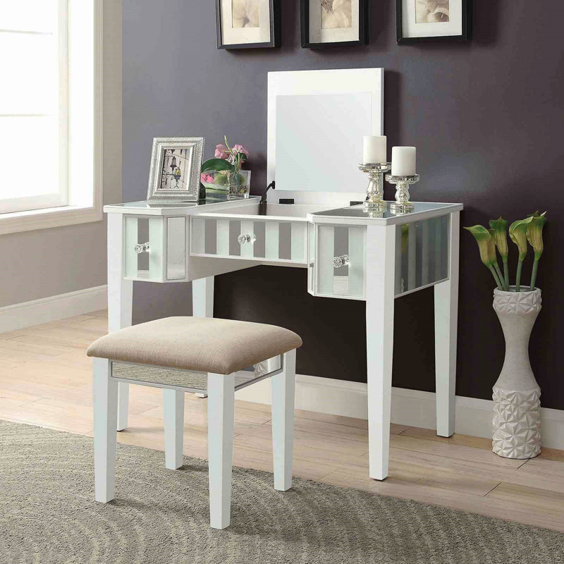 Transitional Style  1pc Vanity W/ Stool Set Core Design Storage Drawers Central Mirror Padded Stool White Finish Bedroom Furniture