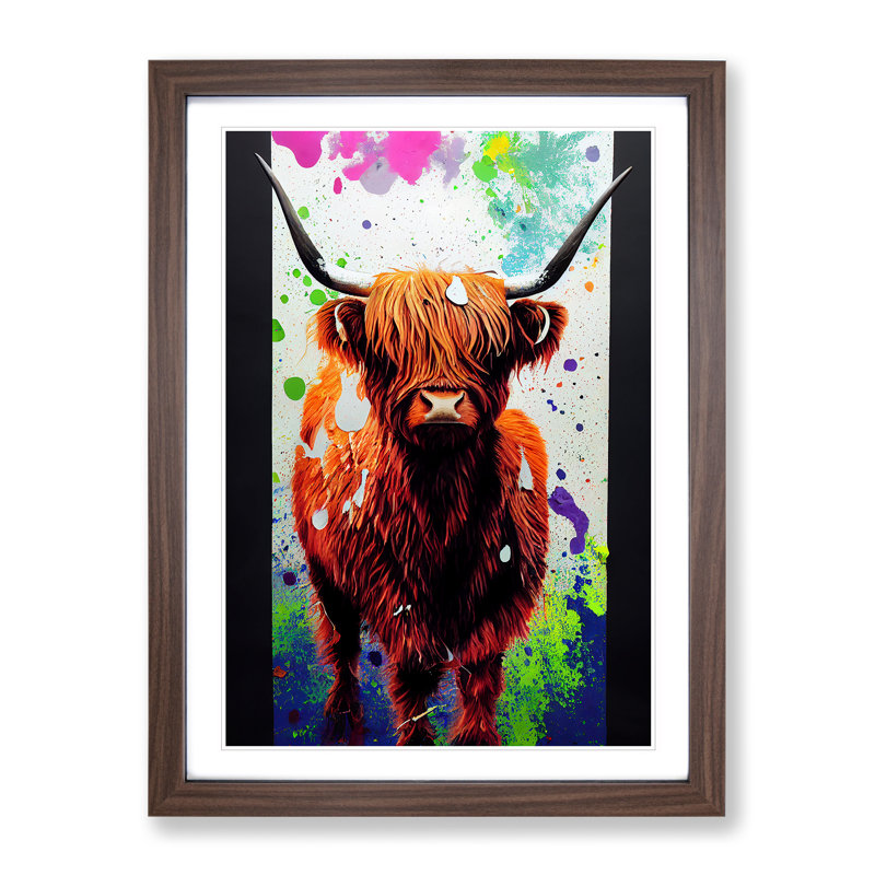 Highland Cow Splash No.5 1 Piece Single Picture Frame Wall Art, 64cm H x 46cm W x 2cm D, Walnut