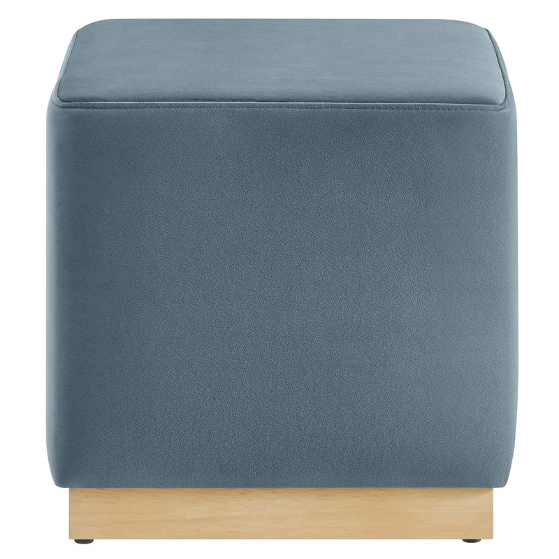 Cadet Blue Velvet Upholstered Ottoman with Rubberwood Base