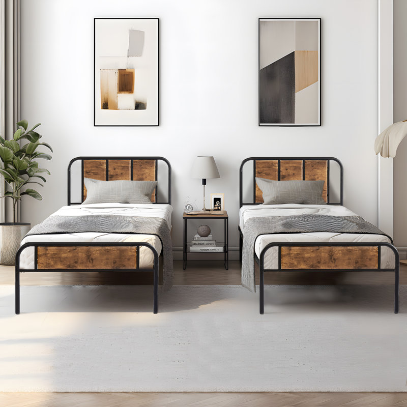 Sabriya Set of 2 Twin Bed Frame with Wood Headboard and Footboard, 2-Pack Twin Size Metal Platform Bed with Heavy Duty Steel Slats Support, No Box Spring Needed, Perfect for Kids’ Room, Guest Room, or Dorm