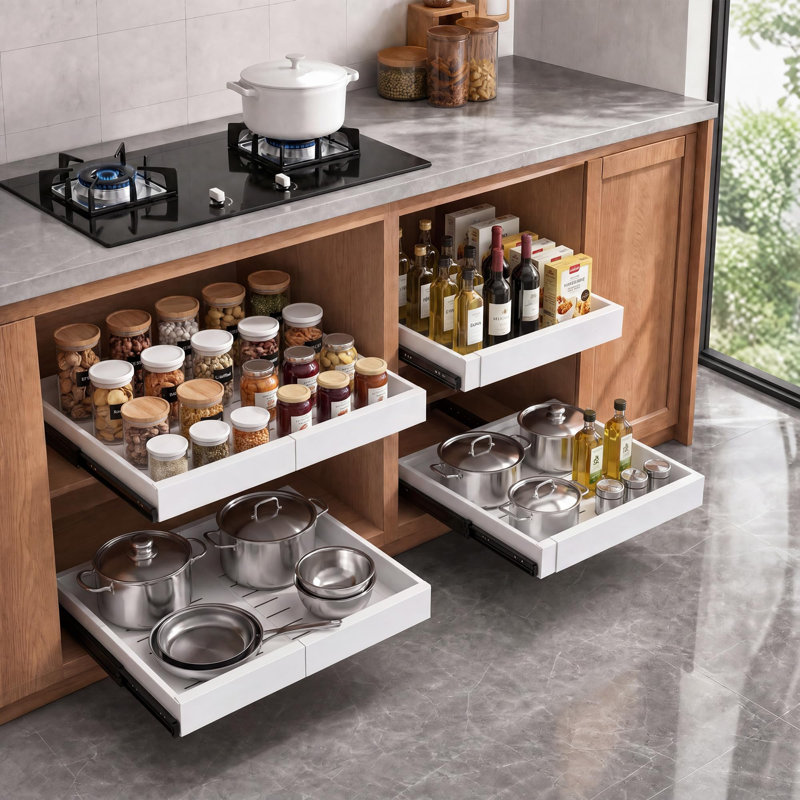 Wide version 2-Pack Pull Out Cabinet Organizers, Expandable 12.2"–18.9" Width, 21" Deep Full Extension Slide Out Shelves, Heavy-Duty Carbon Steel, No-Drill Ultra-Fine Film Installation