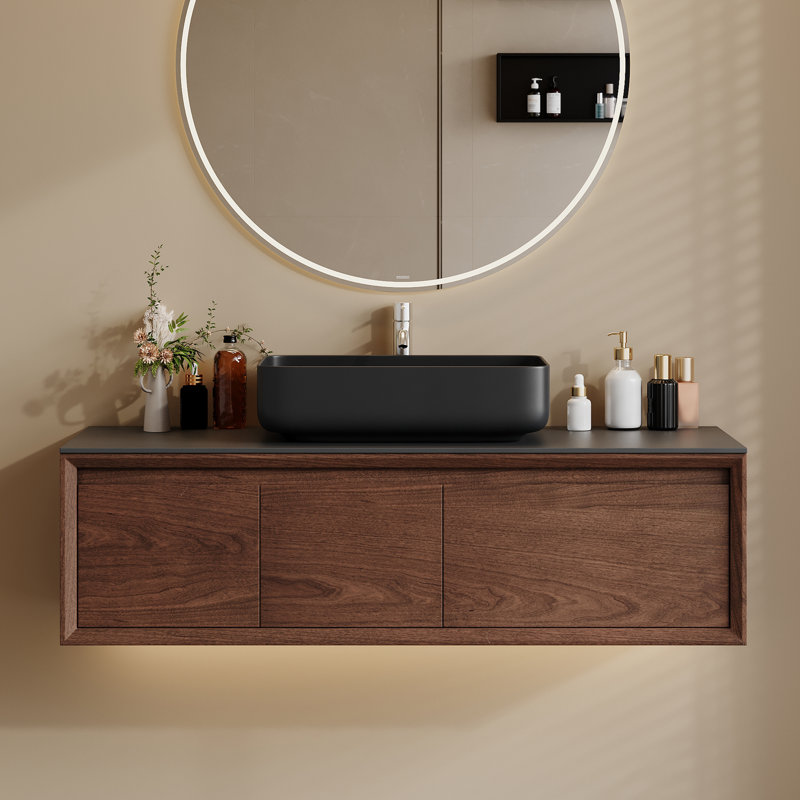 Meuble-lavabo flottant 48 po avec comptoir en pierre frittée 48 po, Black, Brun