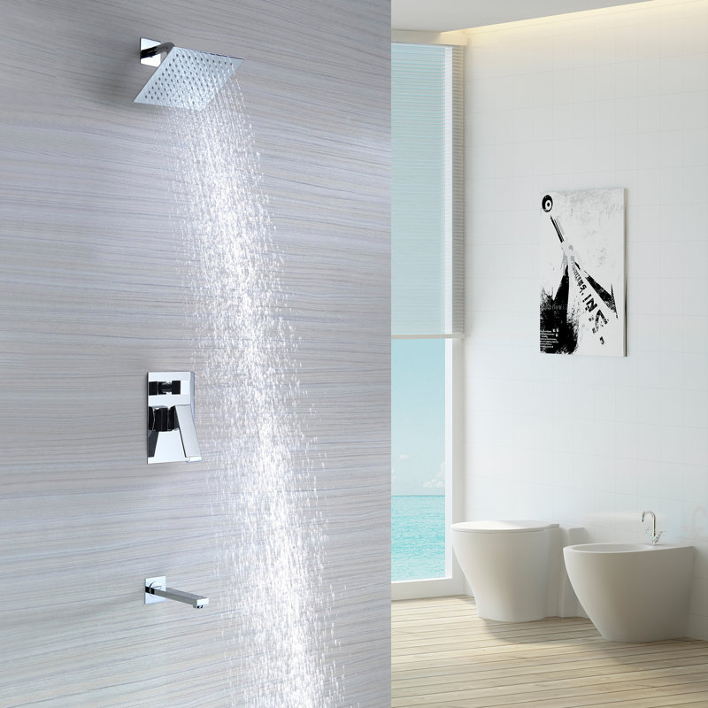 Sumerain Modern Wall Mount Tub and Shower Faucet with 8" Square Rain Shower Head, Single Handle Tub and Shower Faucet with Pressure Balance Valve System, Chrome