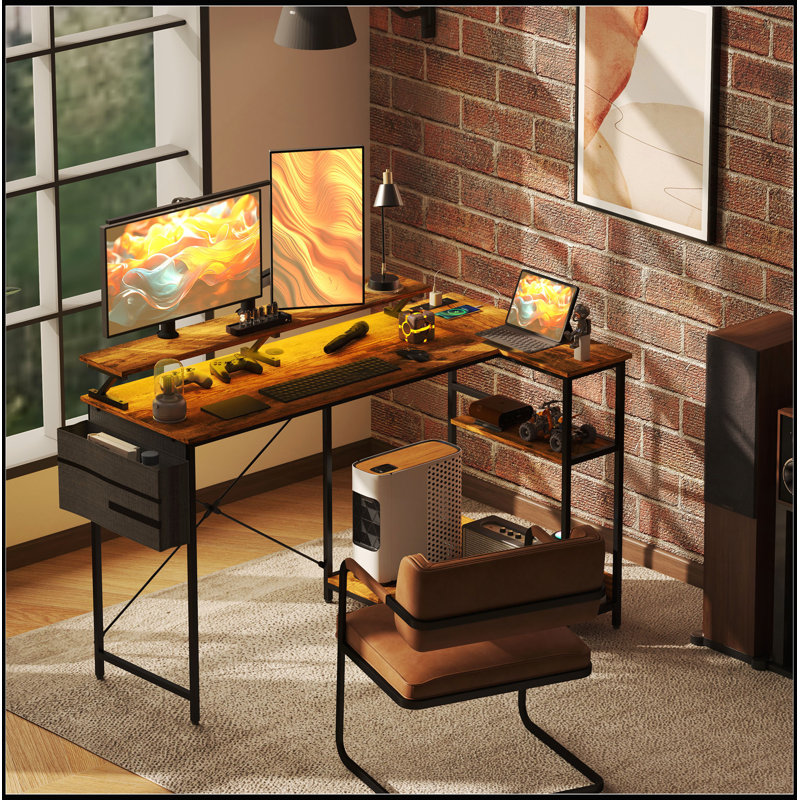Reversible L Shaped Desk with Storage, Power Outlets, and LED Light for Modern Workspaces, Rustic Brown