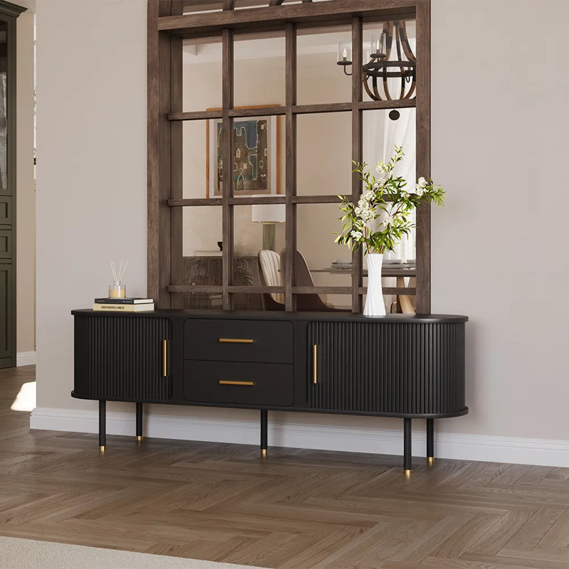 Meuble télé de style Mid-Century, console média en bois minimaliste avec volet roulant, H 23,62 po x L 70,87 po x l 15,75 po