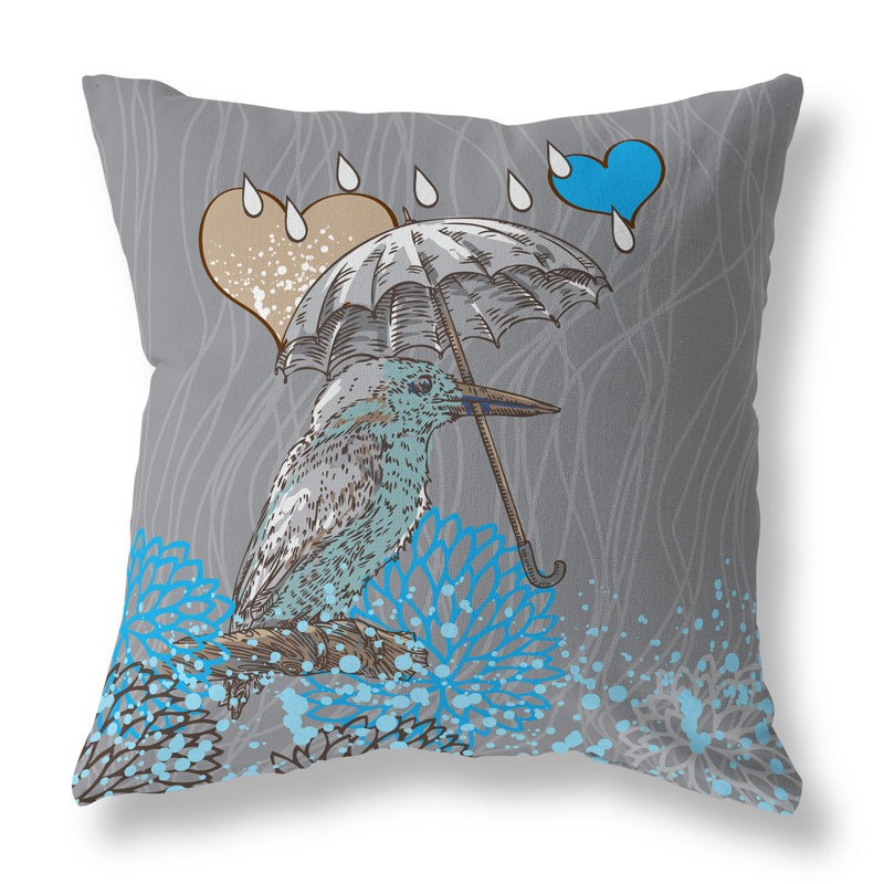 Coussin décoratif réversible Bird / Umbrella, Bleu / gris, H 16 po x l 16 po