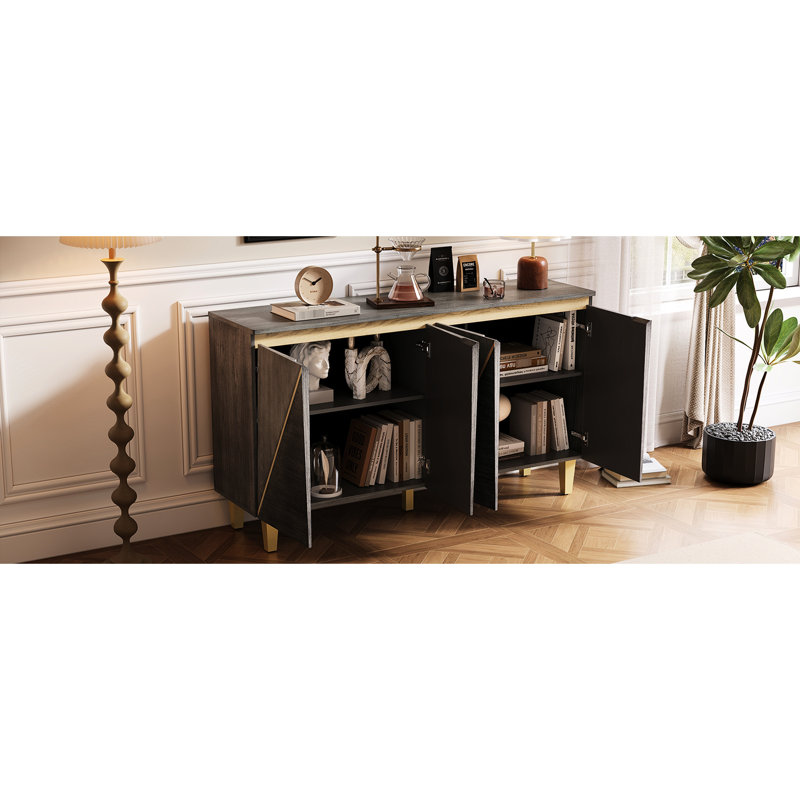 60" Retro 4-Door Buffet Cabinet with Vintage Dimensional Doors and Adjustable Shelves for Dining, Kitchen, or Living Room