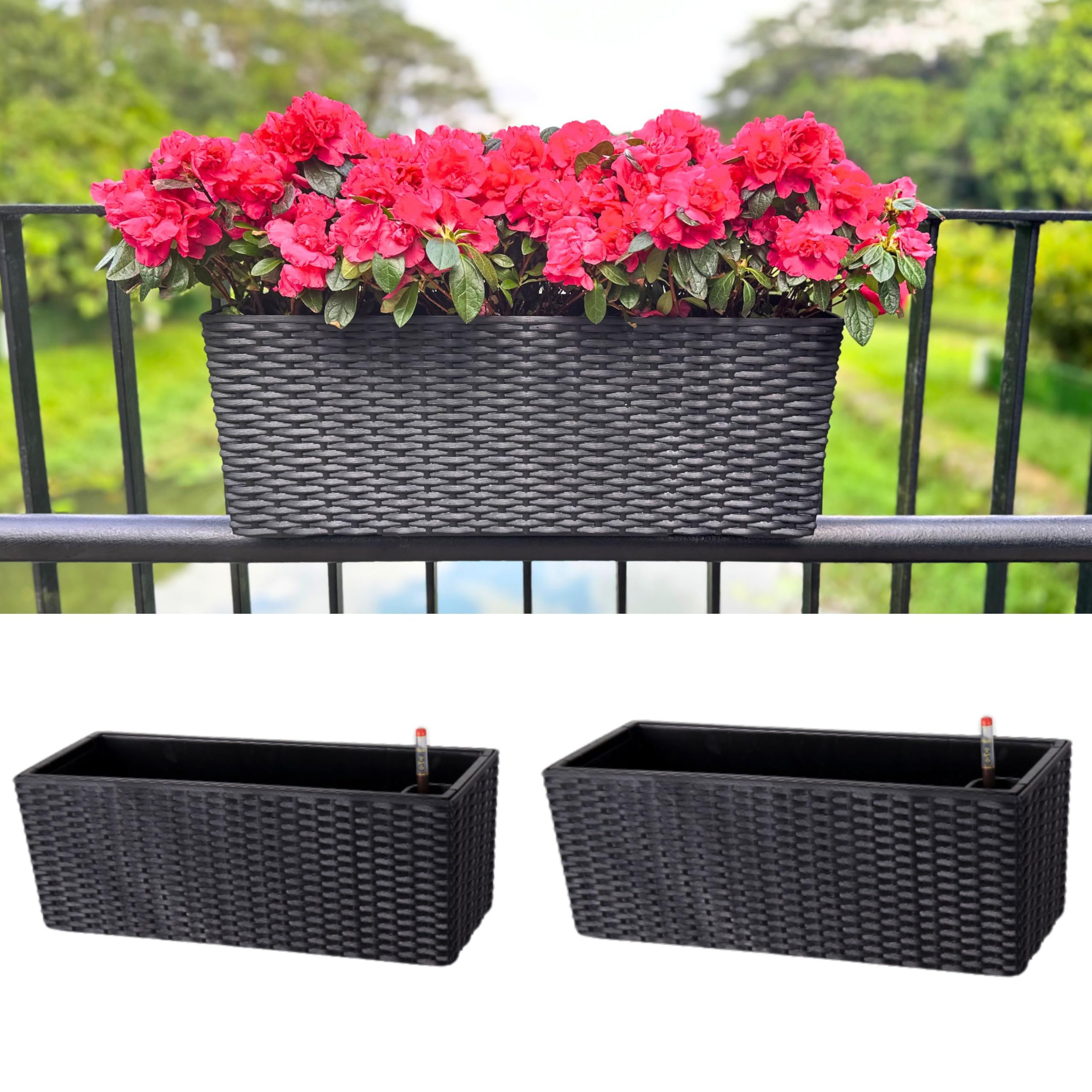 Latitude Run Outdoor Rail Planter For Balcony (2 Pack, 20 Inch) Large  Black Self Watering Deck Railings Planters With Brackets, Rectangular  Plastic Fence Flower Box Designer Choice With Rattan Pattern | Wayfair