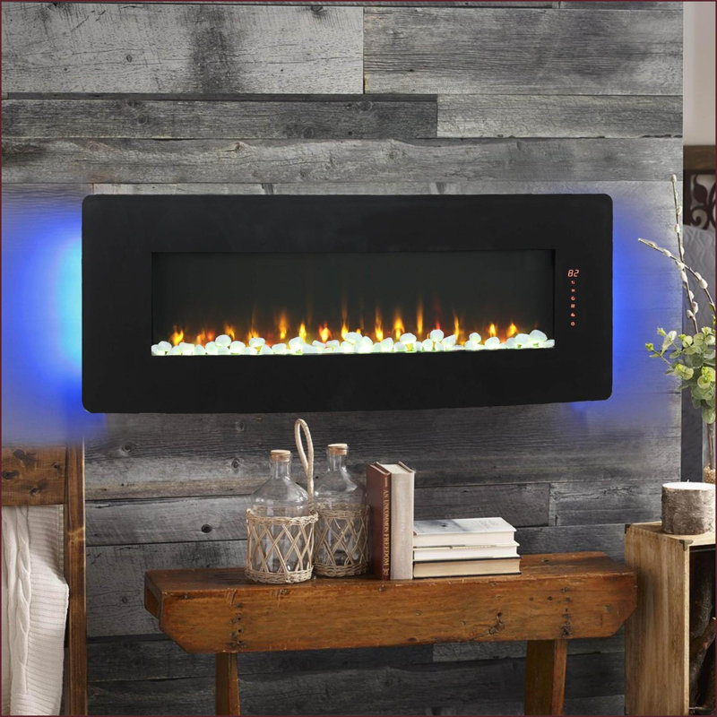 Foyer électrique, façade incurvée de 48 pouces avec lit flamme / braise multicolore & amp; Télécommande | Fixation murale | Électrique