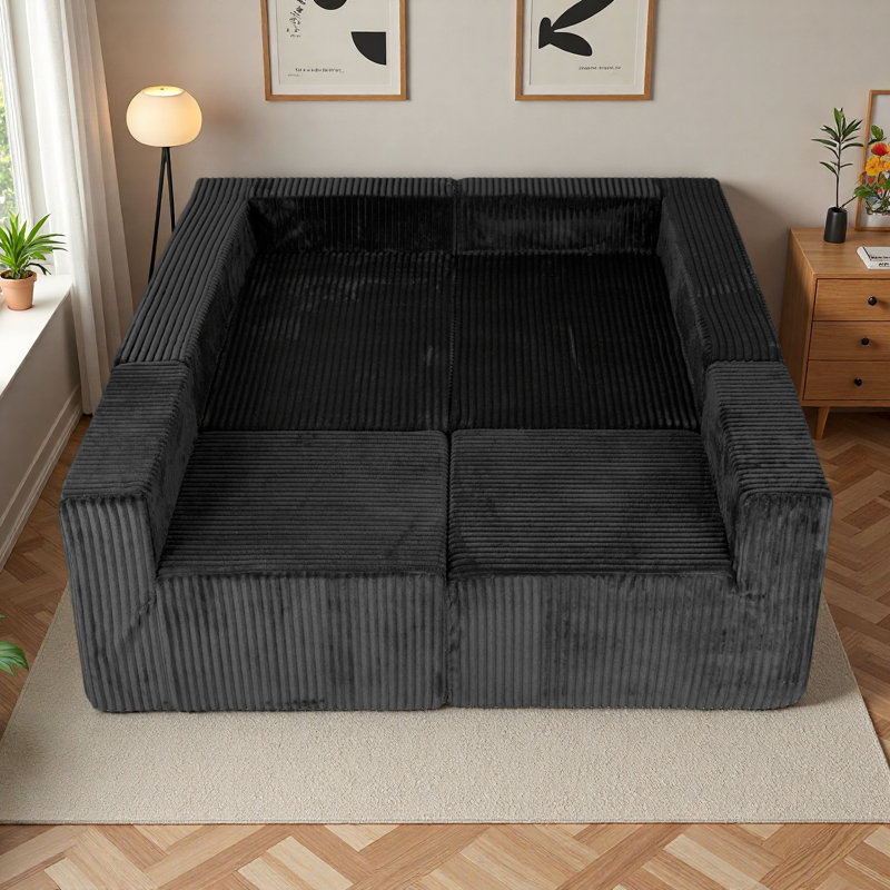 Boneless 128" U-Shaped Modular Sofa, Black Corduroy, No