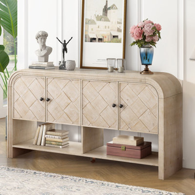 Console U_Style polyvalente avec lattes en bois tissé et placage en bois massif