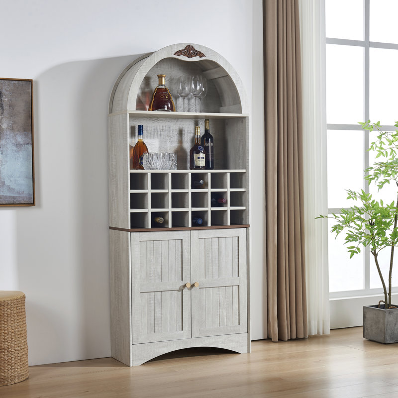 Armoire bar 71 po autoportante arquée avec support à vin amovible et tablettes réglables, Blanchies