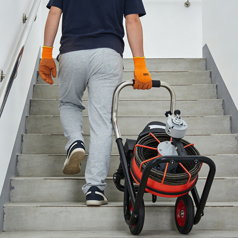 Machine à nettoyer les drains de 100 pi x 3/8 po avec 10 couteaux et un interrupteur à pédale activé par l'air, une tarière à alimentation automatique sur roulettes, un égout à haute puissance de 450 W pour les tuyaux de 2 po à 4 po