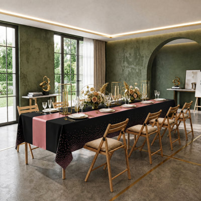 Ensemble de 16 nappes jetables et chemin de table en satin, nappe rose en plastique à pois rose avec chemin de table rose