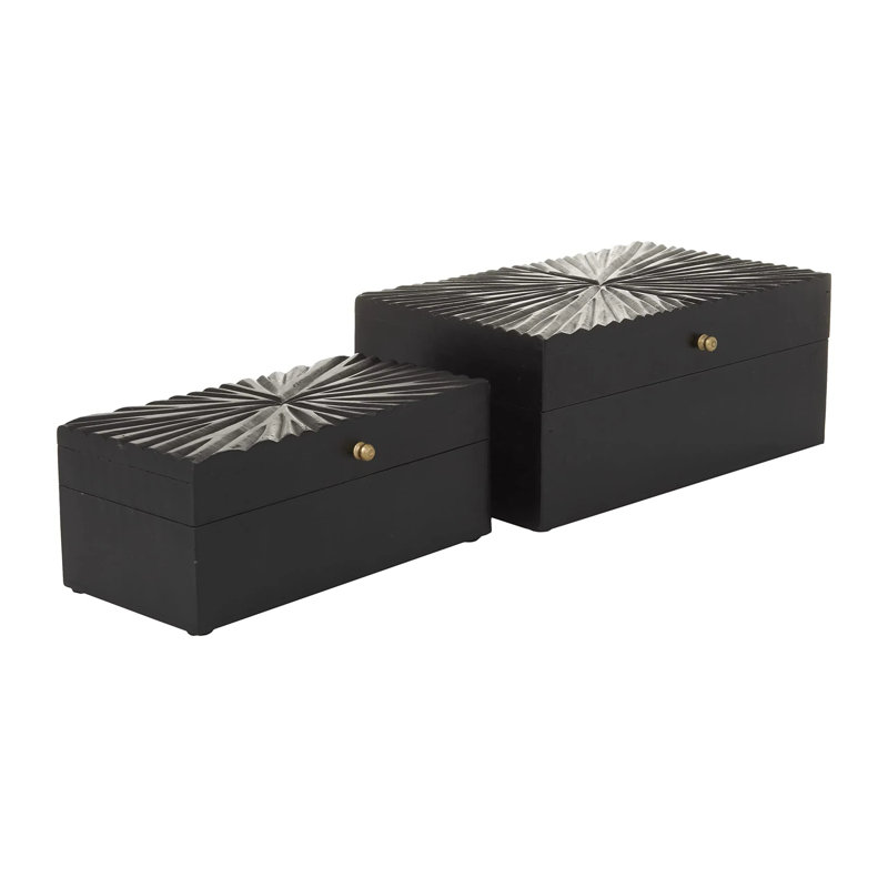 Wood Geometric Decorative Box with Hinged Lid Set, Black