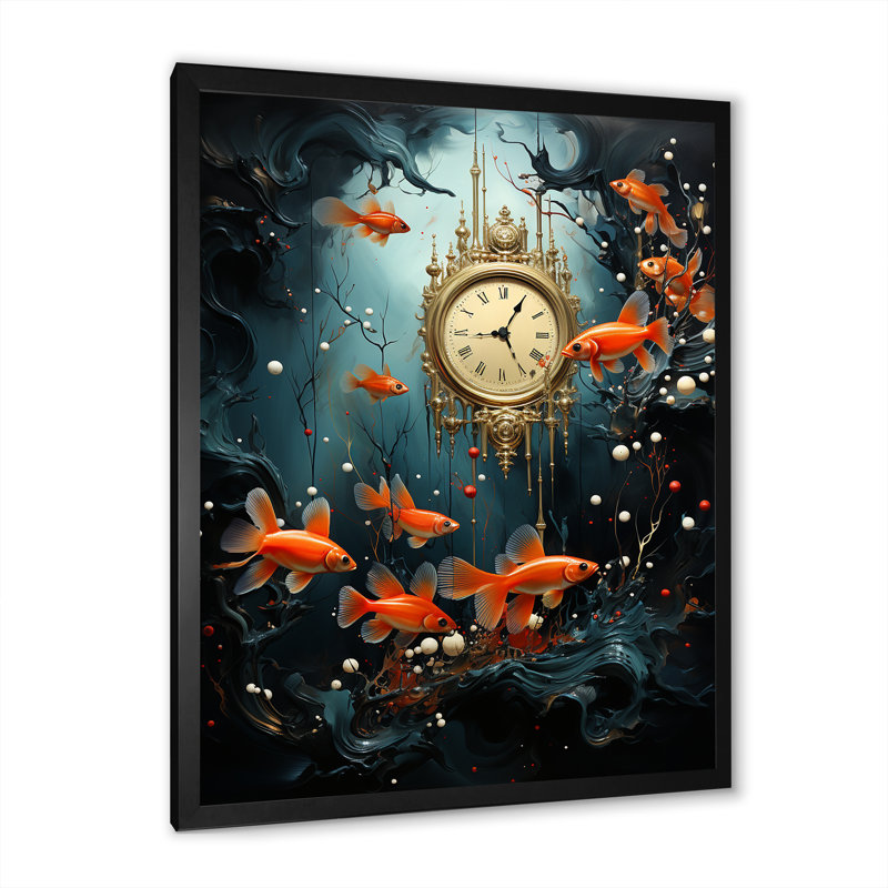 Reproduction sur toile d'une horloge surréaliste, Cadre photo noir, H 44 po x l 34 po x P 1,5 po