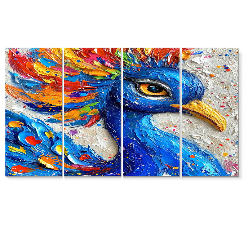 Peinture d'art sur bois, "Paon bleu" - 4 pièces, H 32 po x l 64 po
