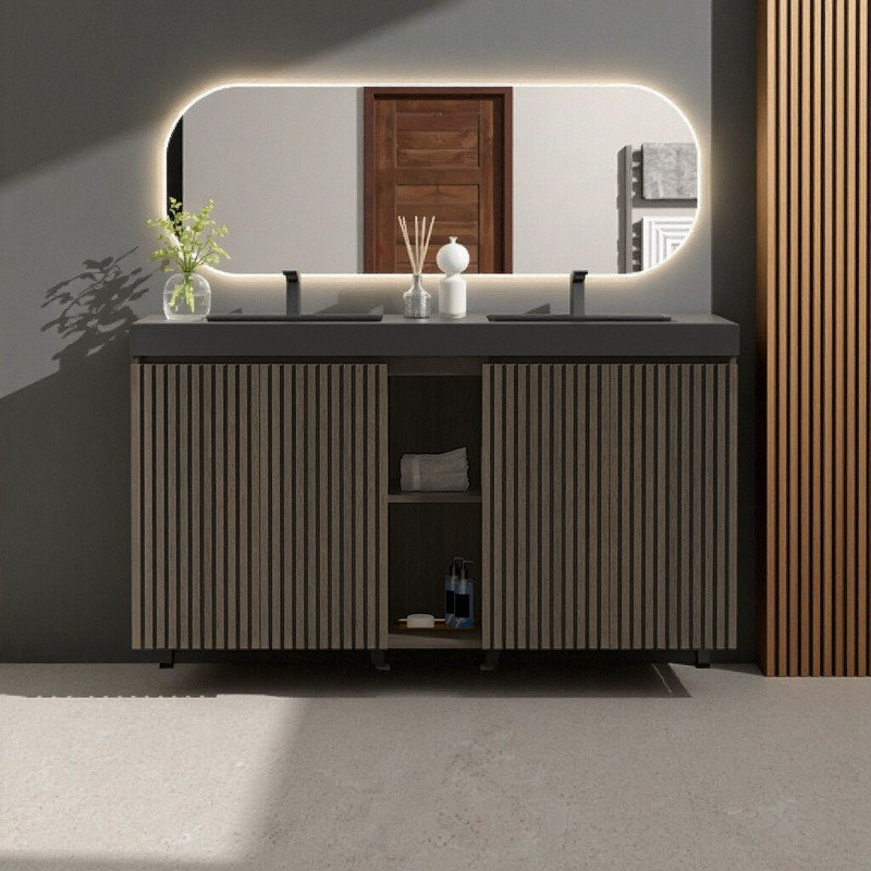 Meuble-lavabo autoportant à double cuve avec rangement spacieux et conception moderne en bois, Noir