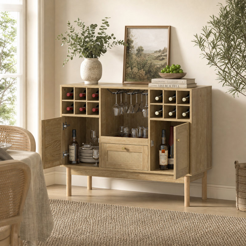 Meuble-bar en rotin, buffet de 109 cm avec casier à vin, porte-verres, plateau absorbant amovible et tiroir