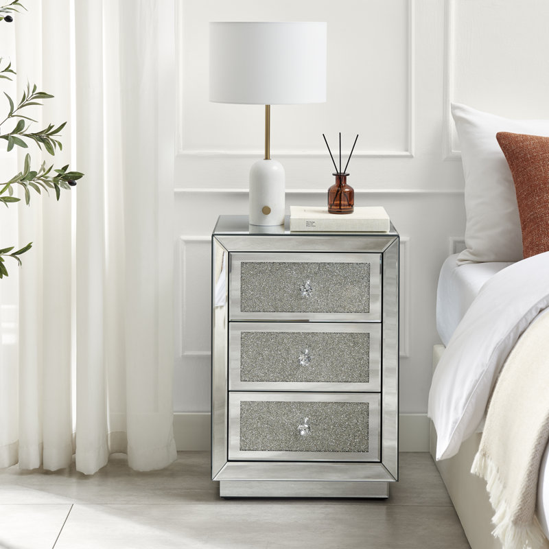 Crushed Diamond Mirrored 3-Drawer Nightstand