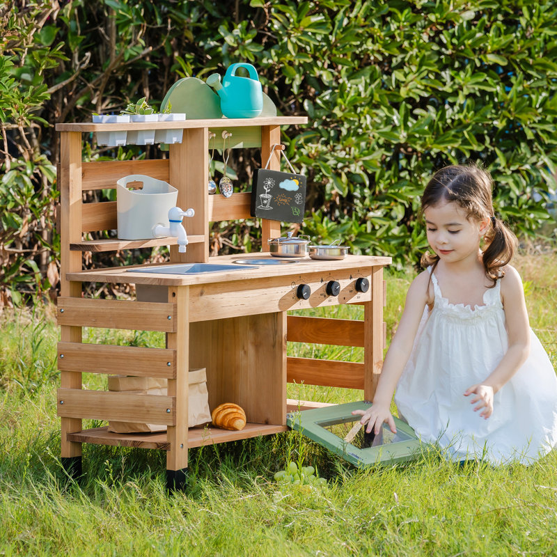 ROBUD Wooden Mud Kitchen for Kids, Outdoor Play Kitchen Set with Storage Shelf, Natural Wood and Green, WG427