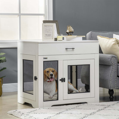 Mobilier de cage pour chien avec coussin moelleux résistant à l'eau, table de bout avec tiroir et cage pour chiots pour petits chiens à l'intérieur avec 2 portes