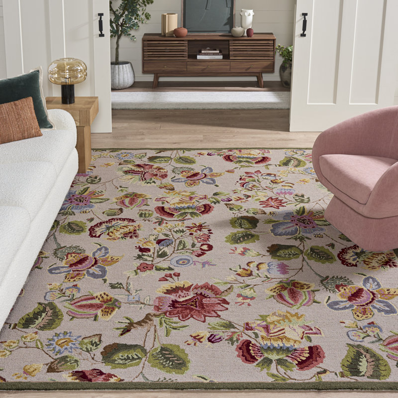 Tapis sauge en laine à motif floral Hollander, Rond 3 pi