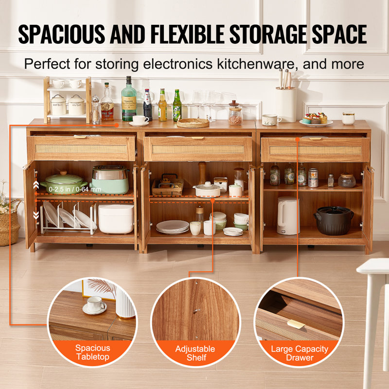 Natural Wood and Rattan Cabinet with Adjustable Shelving