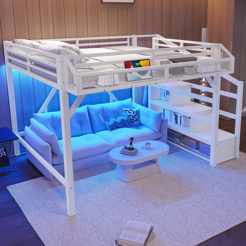 Riott Metal Loft Bed with Storage Stairs, Wardrobe, USB Ports & LED Lighting, White, Queen