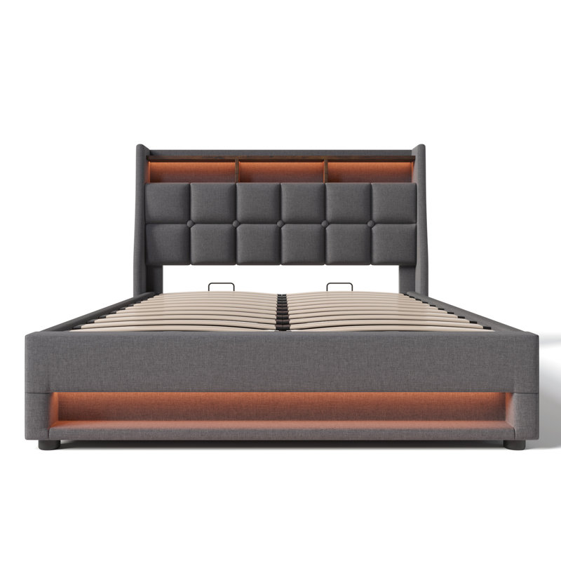 Storage Bed With Led And Usb Linen, Kingsize (5'), Grey