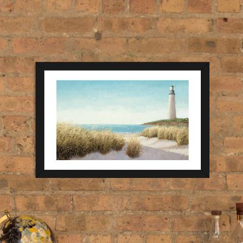 Phare au bord de la mer par James Wiens - reproduction, H 16 po x l 24 po x P 1 po, Papier encadré noir