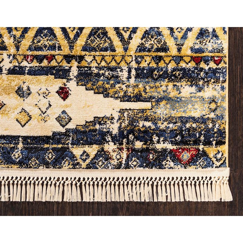 Tapis décoratif oriental beige/bleu/rouge, Rond 5 pi