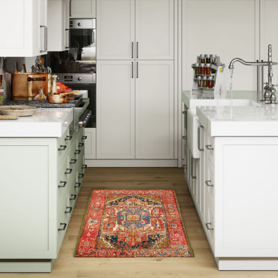 Lygia Salmon/Navy/Pink Heriz Indoor/Outdoor Kitchen Mat