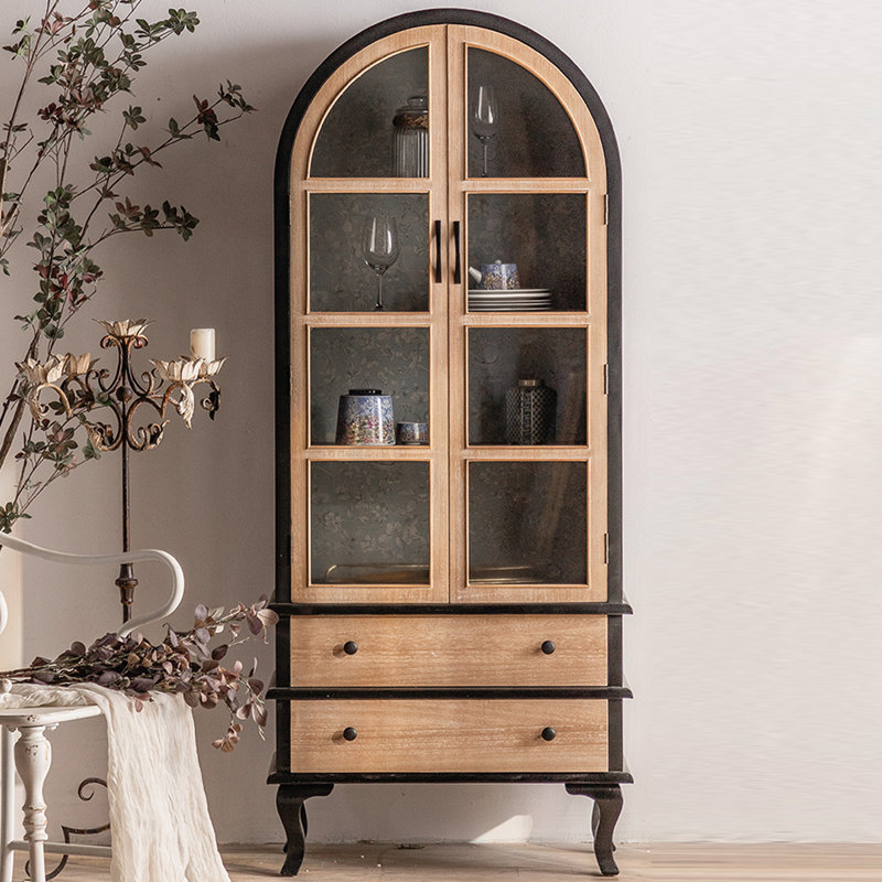 Bois massif + vitrines en verre, Noir / brun